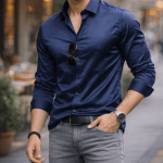 Men’s Navy Blue Satin Plain Shirt – Premium Fabric | Smooth And Shiny Finish