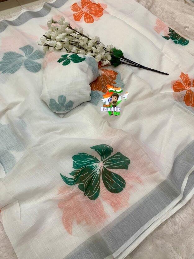 Lightweight Tricolor Tiranga Saree for Independence/Republic Day | Linen silver Patta digital print saree | Tiranga Saree (Tricolour Saree)